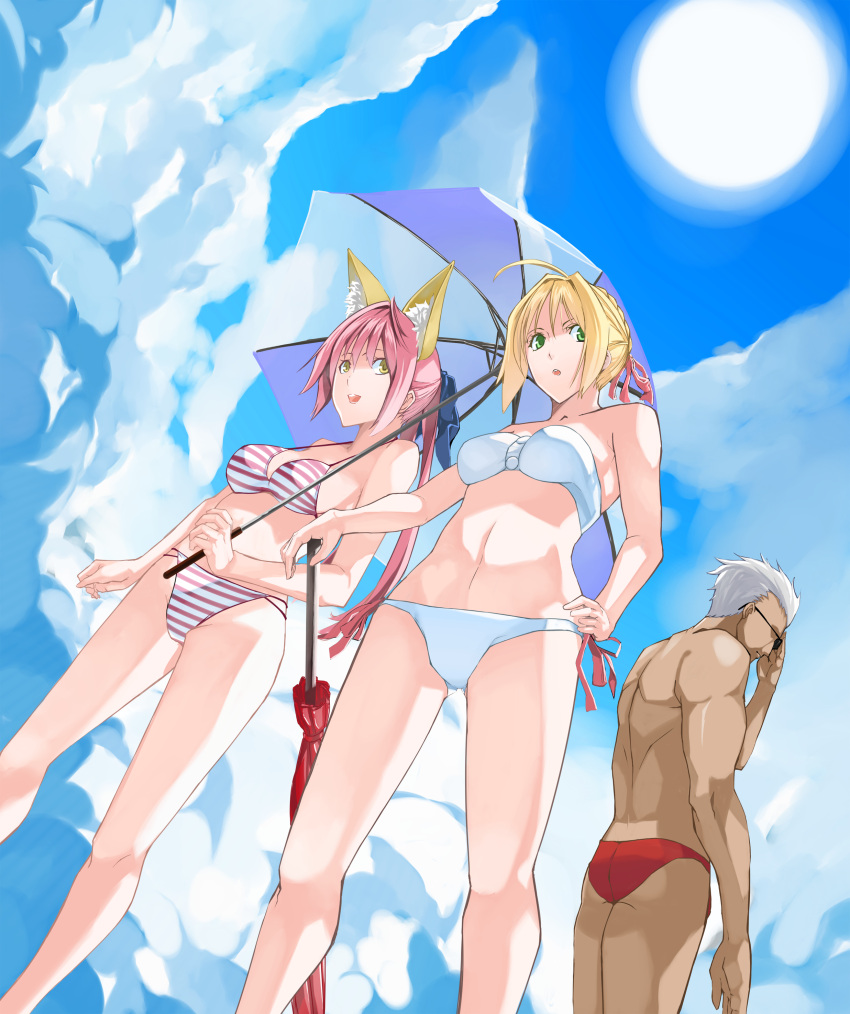 2girls, absurdres, ahoge, animal_ears, archer, arm_up, bandeau, bare_legs