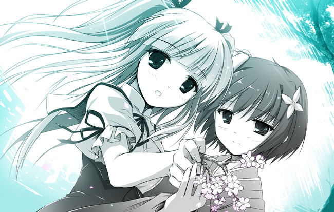 branch, hair_ornament, hair_ribbon, japanese_clothes, kasugai_sakura, kimono, long_hair, monochrome, multiple_girls, open_mouth, ribbon, rin_(sukima), ryoumoto_ken, school_uniform, sukima_sakura_to_uso_no_machi, sukima_sakura_to_uso_no_tokai, sukima_zakura_to_uso_no_machi, sunbeam, sunlight, twintails