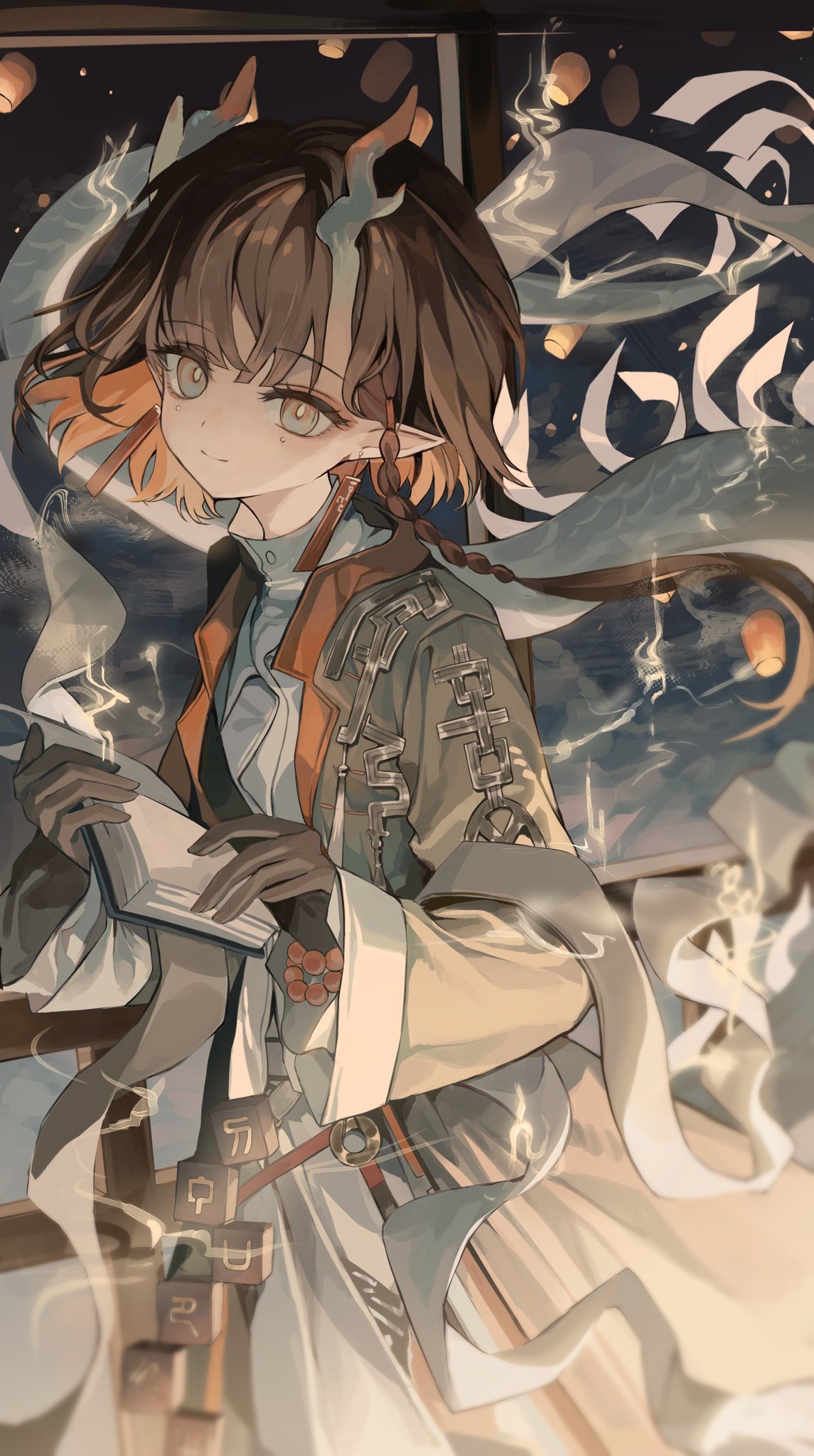 1girl, alli_(777), arknights, bead_bracelet, beads, book, bracelet, chinese_clothes