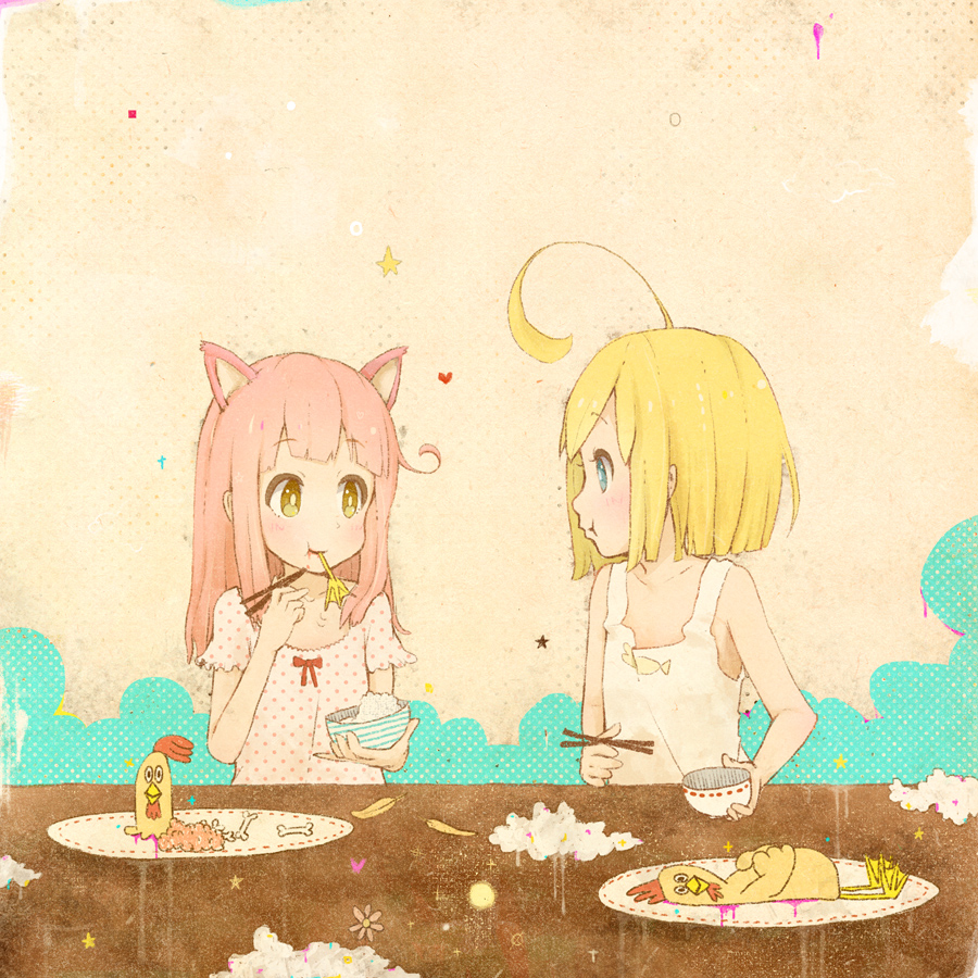 ahoge, animal_ears, awakumo, bird, blonde_hair, blue_eyes, bone, chicken