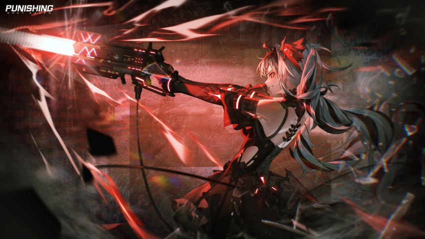 absurdres, artist_request, black_hair, firing, gun, headgear, highres, holding