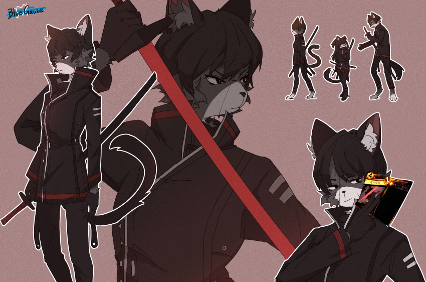 1boy, 2girls, black_eyes, black_gloves, black_hair, black_jacket, black_pants, bluegauze, card, cat_girl, commentary_request, full_body, furrification, furry, gameplay_mechanics, gloves, hand_up, highres, holding, holding_card, holding_sword, holding_weapon, jacket, library_of_ruina, long_sleeves, multiple_girls, pants, project_moon, red_pupils, shi_association_south_uniform, short_hair, sword, tenma_(project_moon), valentin_(project_moon), weapon, yujin_(project_moon)