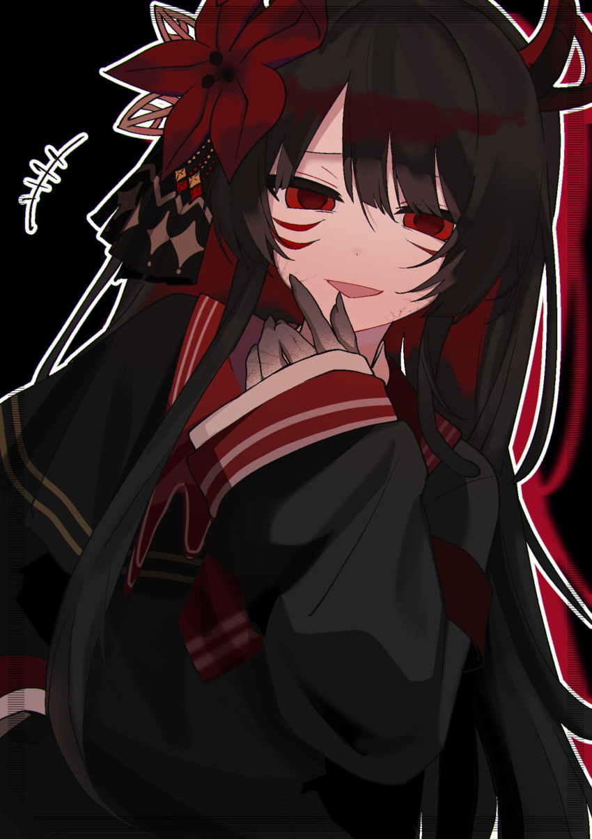 1girl, black_background, black_hair, black_shirt, colored_extremities, commentary_request, extra_eyes, flower