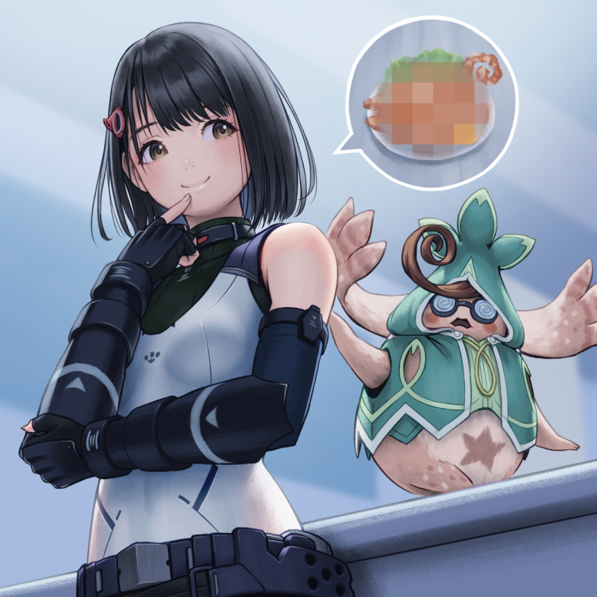 1girl, bare_shoulders, black_gloves, black_hair, breasts, brown_eyes, censored_thought, closed_mouth