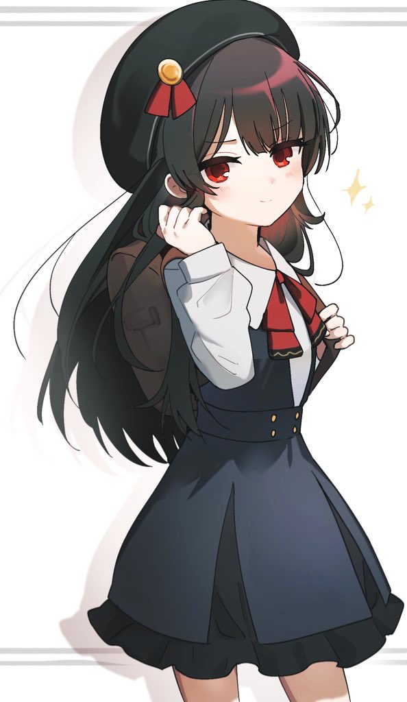 1girl, aged_down, backpack, bag, beret, black_dress, black_hair, black_hat