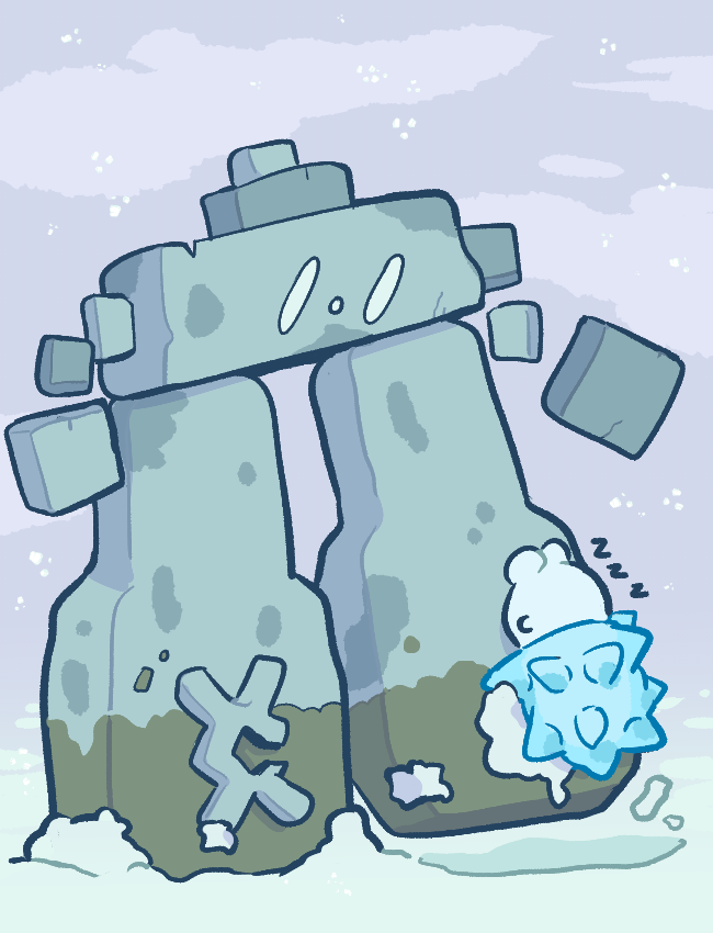 :o, closed_eyes, clouds, commentary, english_commentary, no_humans, outdoors, pokemon, pokemon_(creature), pokemon_focus, sky, sleeping, snom, snow, stonjourner, strontiumsun, zzz