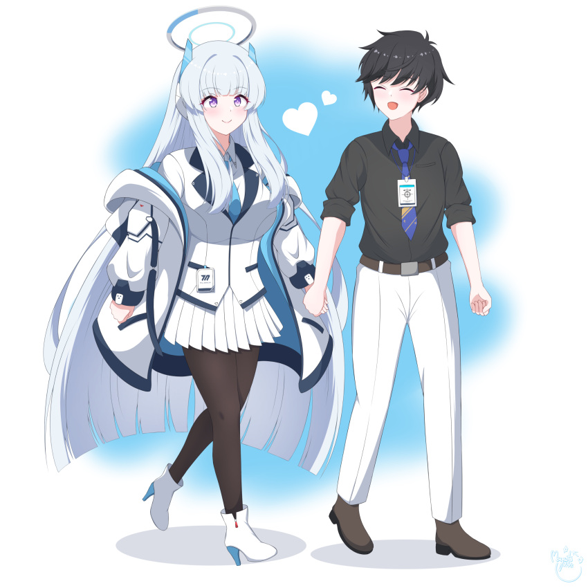 1boy, 1girl, black_hair, black_pantyhose, black_shirt, blue_archive, blue_necktie, blush, book, boots, closed_mouth, collared_shirt, commentary_request, flux_raider, full_body, grey_hair, halo, headphones, high_heel_boots, high_heels, highres, holding_hands, id_card, jacket, long_hair, long_sleeves, looking_at_another, mayuto_illust, mechanical_halo, millennium_science_school_logo, necktie, noa_(blue_archive), off_shoulder, open_clothes, open_jacket, open_mouth, pants, pantyhose, sensei_(blue_archive), shirt, sidelocks, skirt, smile, suit, two-sided_fabric, two-sided_jacket, very_long_hair, violet_eyes, walking, white_boots, white_hair, white_halo, white_jacket, white_pants, white_shirt, white_skirt, white_suit