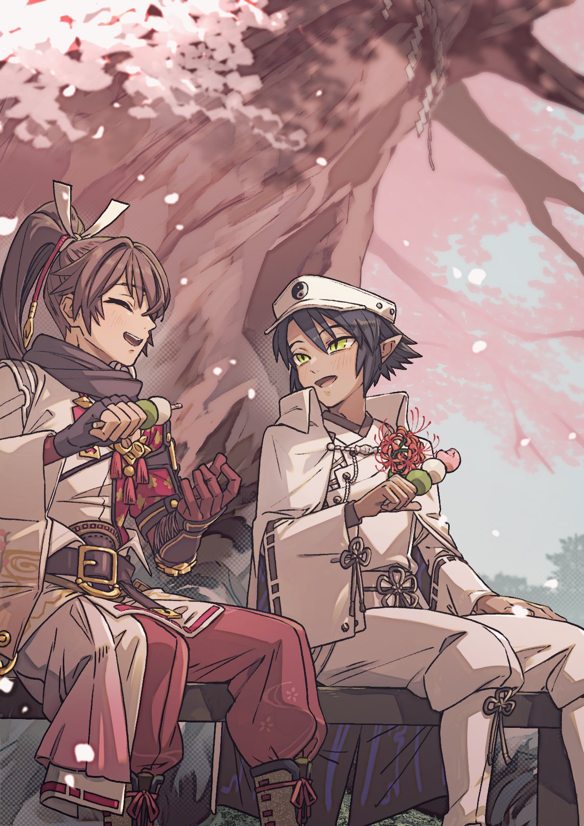 2boys, aomi6297, black_scarf, cape, commentary_request, dango, dark-skinned_male, dark_skin