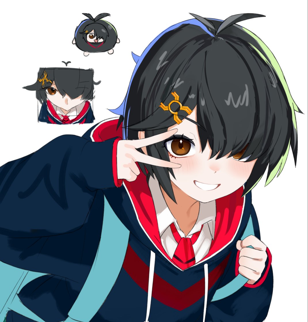 1girl, backpack, bag, black_hair, brown_eyes, commentary_request, hair_ornament, hair_over_one_eye