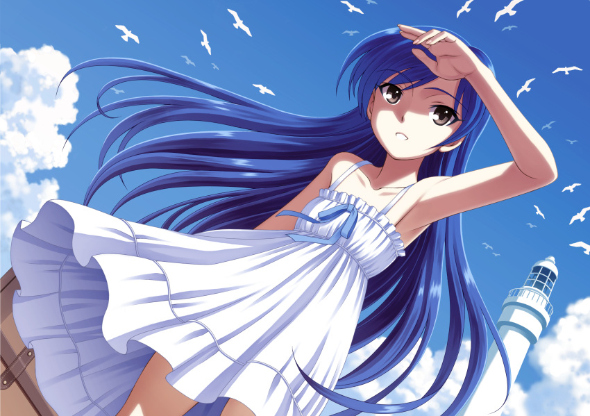 arm_up, armpits, bare_shoulders, bird, blue_hair, brown_eyes, cloud, collarbone