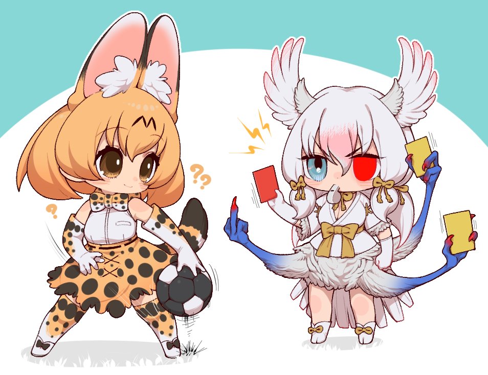 2girls, animal_ears, ball, bird_girl, bird_tail, bird_wings, blonde_hair, blue_background