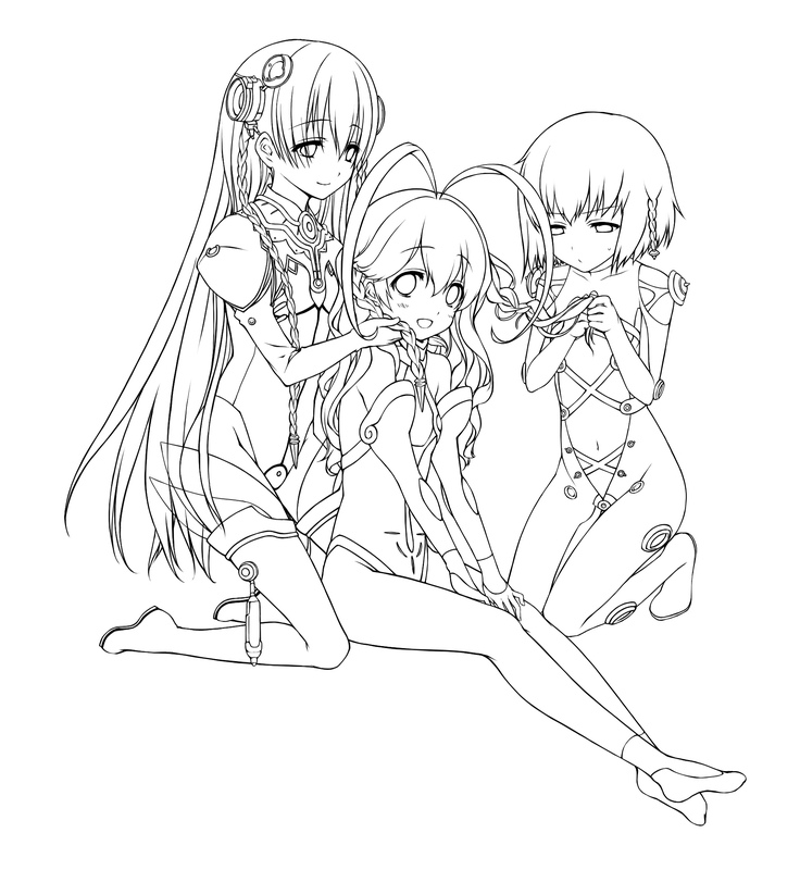 antenna_hair, ar_tonelico, ar_tonelico_i, ar_tonelico_ii, ar_tonelico_iii, bodysuit, boots, braid, braiding, detached_sleeves, flat_chest, frelia, gust, hair_ornament, hairdressing, kneeling, lineart, long_hair, monochrome, multiple_girls, open_mouth, short_hair, shurelia, simple_background, sitting, smile, thigh_boots, thighhighs, tilia, twin_braids, utsugi_(skydream)