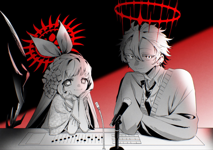 1boy, 1girl, character_request, collared_shirt, commentary_request, greyscale, hair_between_eyes, hair_ribbon