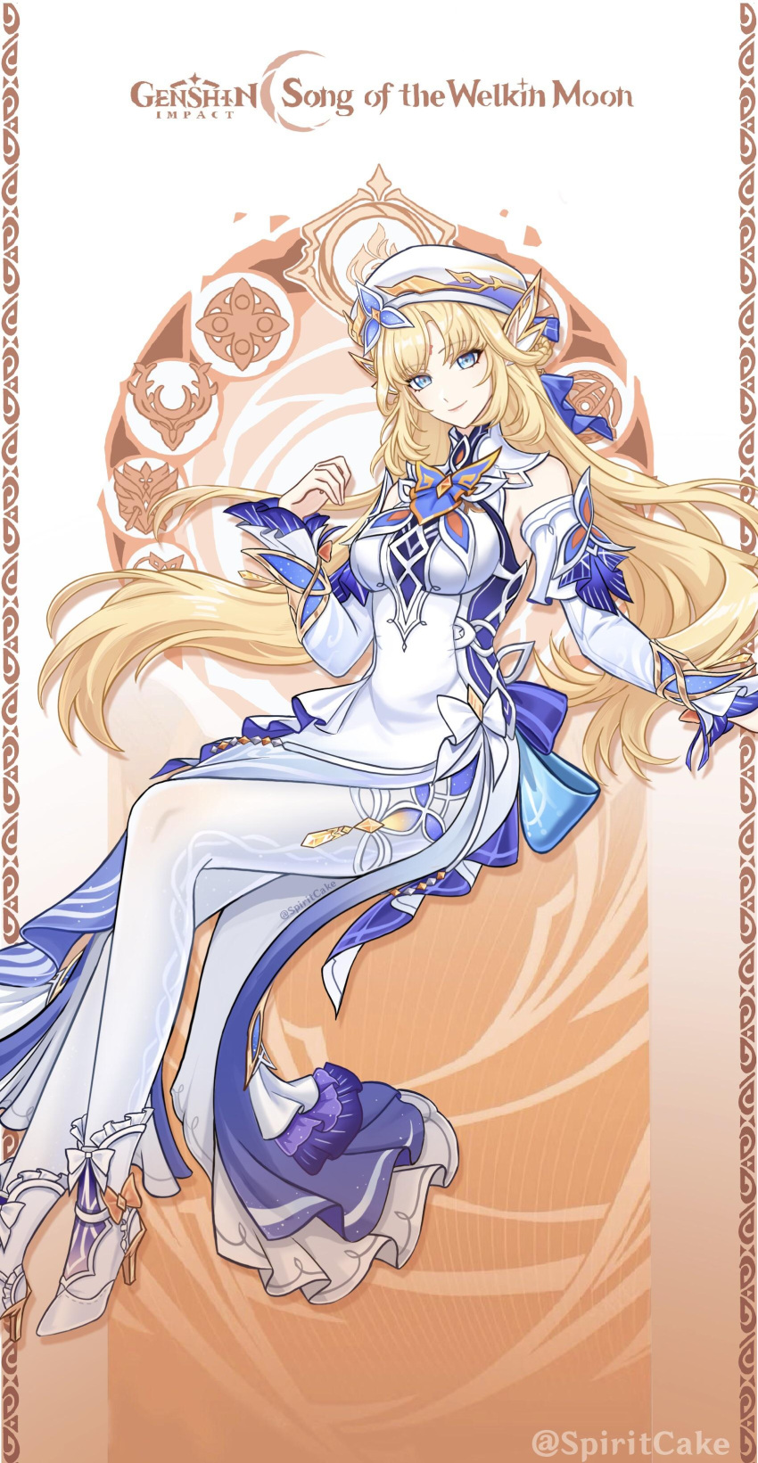 1girl, absurdres, bare_shoulders, blonde_hair, blue_eyes, breasts, closed_mouth, commentary, detached_sleeves, dress, foot_out_of_frame, genshin_impact, hand_up, hat, high_heels, highres, invisible_chair, long_hair, looking_at_viewer, medium_breasts, nicole_reeyn, official_style, pantyhose, sitting, solo, spiritcake16, twitter_username, very_long_hair, white_dress, white_hat, white_pantyhose, white_sleeves