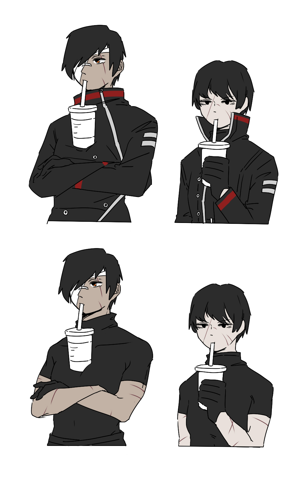 1boy, 1girl, black_eyes, black_gloves, black_hair, black_jacket, black_shirt, bluegauze