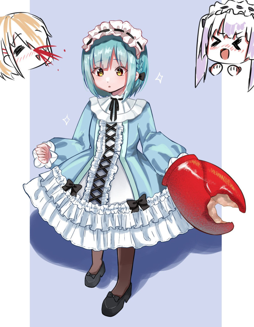 >_<, 3girls, :d, alternate_costume, alternate_hairstyle, aqua_hair, aroused_nosebleed, black_bow