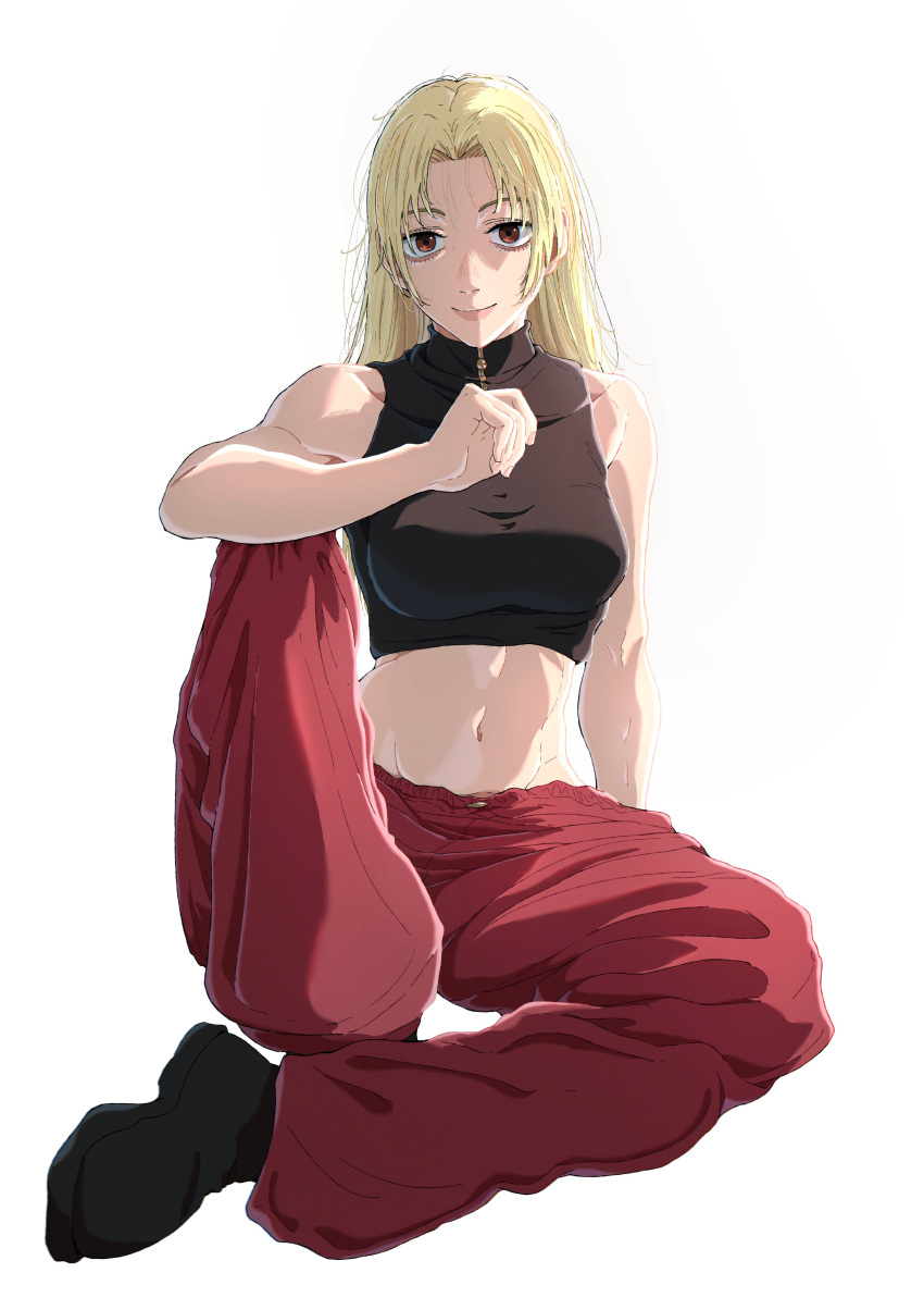 1girl, absurdres, arm_on_knee, bare_shoulders, big_chunger, black_shoes, black_tank_top, blonde_hair