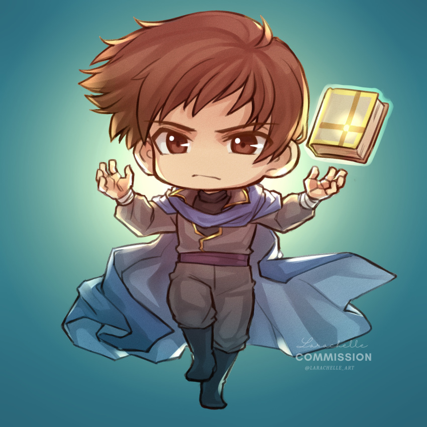 1boy, book, boots, brown_eyes, brown_hair, chibi, chibi_only, cloak