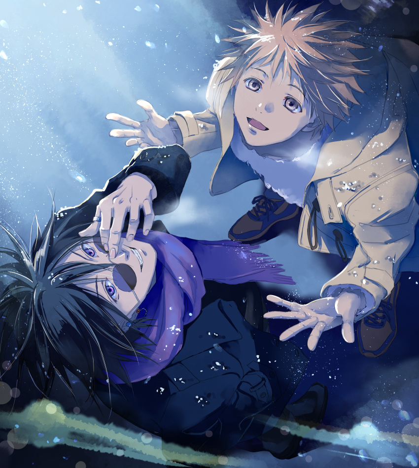 2boys, absurdres, adjusting_eyewear, amano_ginji, black_hair, blonde_hair, coat, commentary_request