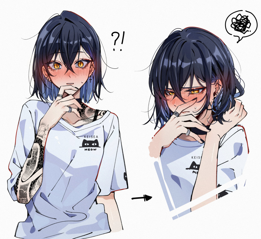!?, 1girl, absurdres, arm_tattoo, black_nails, blush, brown_eyes, closed_mouth