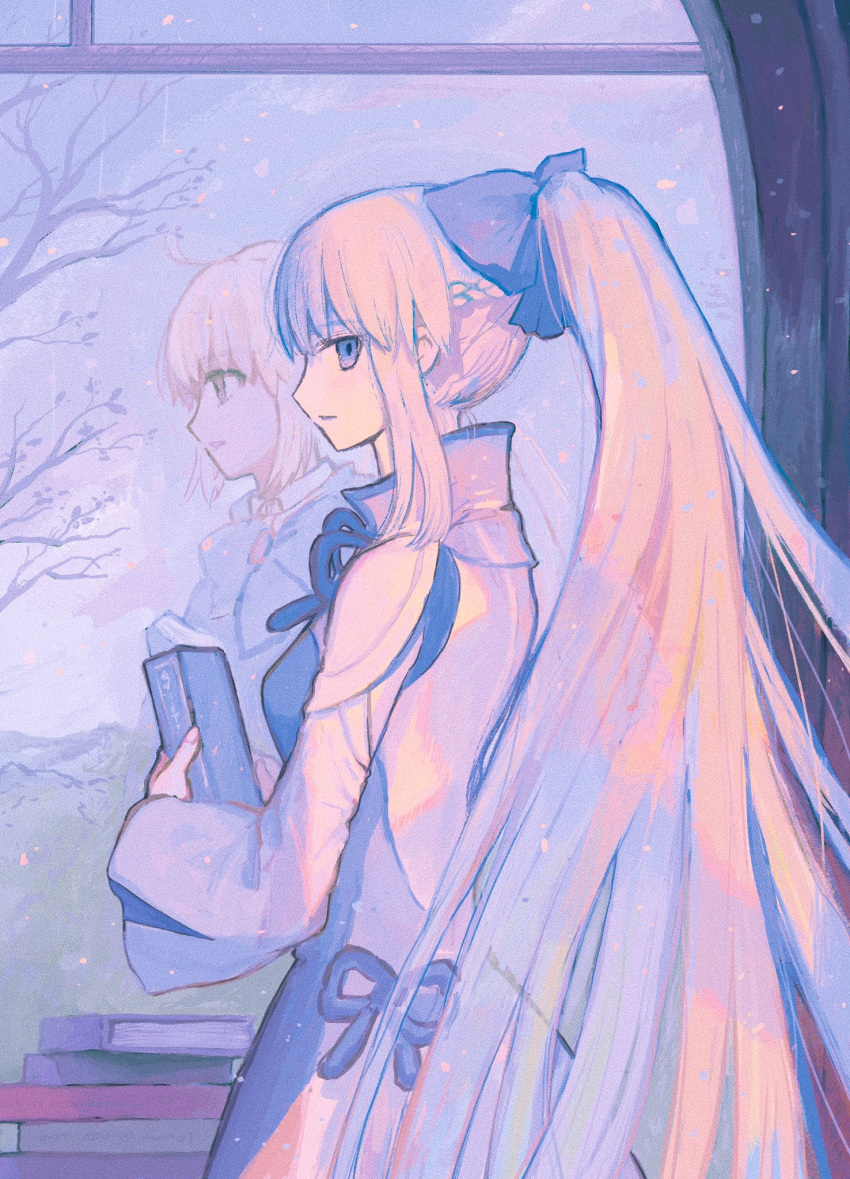 2girls, aesc_(fate), ahoge, black_bow, blue_eyes, book, bow, braid