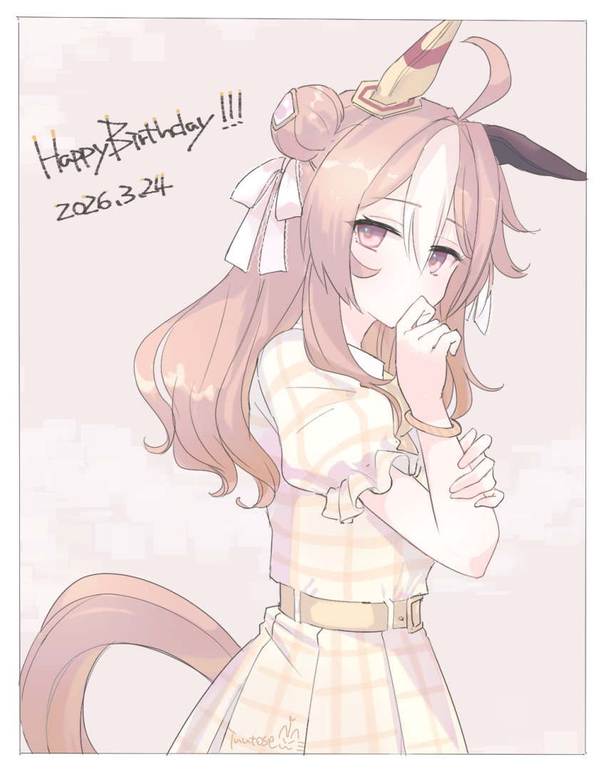 1girl, ahoge, animal_ears, belt, blush, bracelet, breasts, brown_hair