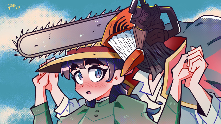 1boy, 1girl, absurdres, akaiguarts, black_eyes, black_hair, blue_sky, blush