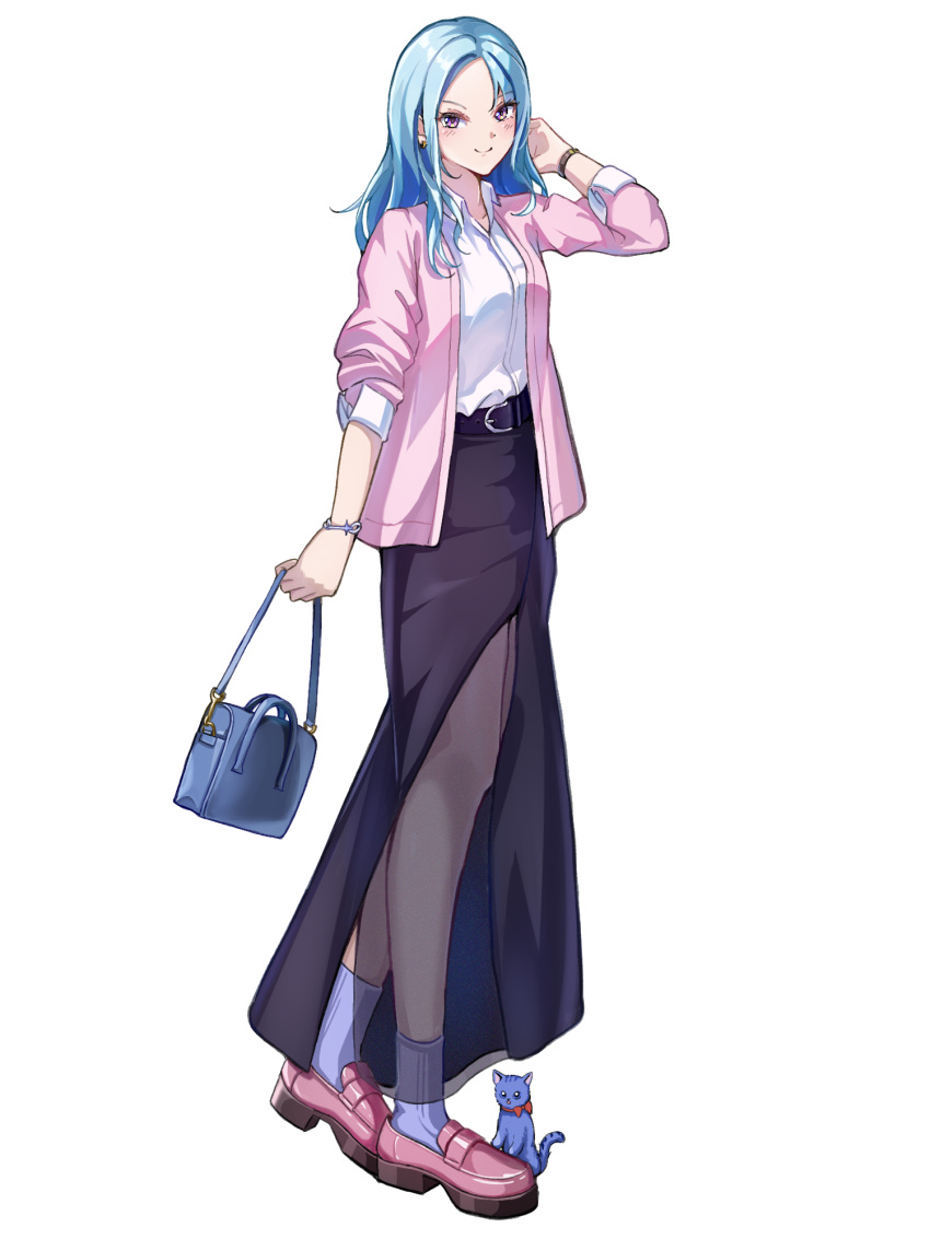 1girl, 310setsu, bag, belt, black_skirt, blue_hair, blush, bracelet