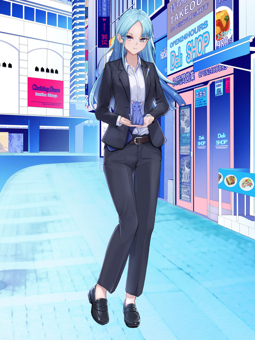 1girl, 310setsu, animal_on_hand, belt, black_pants, black_shoes, black_suit, blue_hair