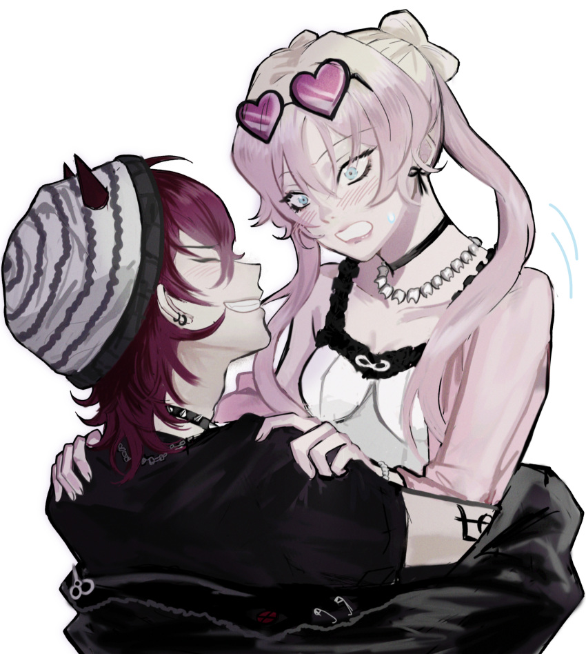 1boy, 1girl, absurdres, angel_(killer_chat), artist_request, beanie, black_jacket, blonde_hair