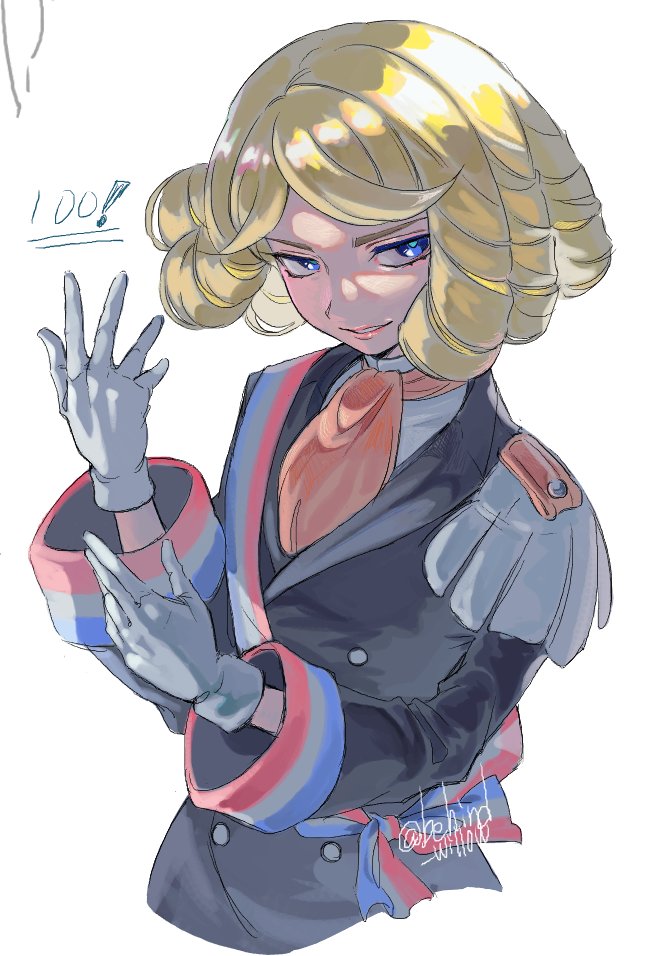 1other, adjusting_clothes, adjusting_gloves, artist_name, ascot, behind_willow, black_jacket, blonde_hair