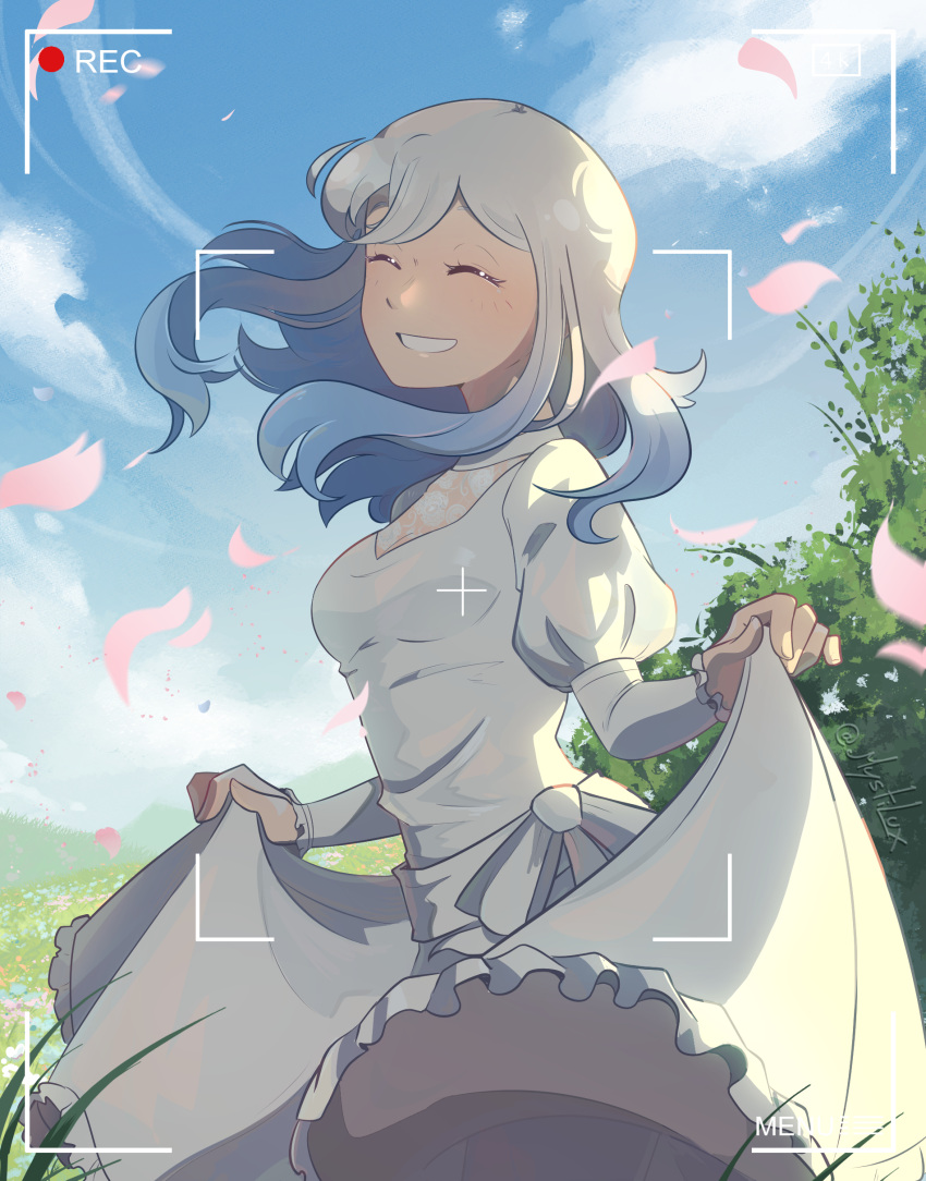 1girl, absurdres, bluecoat_agency, blush, breasts, closed_eyes, commentary, dress