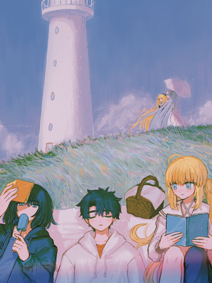 2boys, 3girls, ahoge, artoria_caster_(fate), artoria_caster_(swimsuit_berserker)_(first_ascension)_(fate), artoria_caster_(swimsuit_berserker)_(third_ascension)_(fate), artoria_pendragon_(fate), black_bow