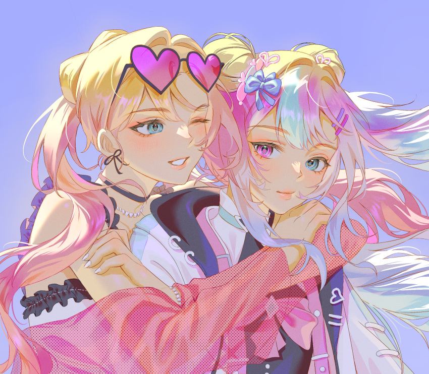 2girls, aegyo_sal, angel_(killer_chat), arm_around_shoulder, artist_request, blonde_hair, blue_eyes, blue_hair, commentary, commission, double_bun, dress, english_commentary, eyewear_on_head, gradient_hair, hair_bun, heart, heart-shaped_eyewear, heterochromia, highres, hood, hood_down, hoodie, hug, hug_from_behind, jewelry, killer_chat!, lace_trim, multicolored_hair, multiple_girls, necklace, one_eye_closed, original, pink_eyes, pink_hair, second-party_source, smile, tooth_necklace, twintails, upper_body, white_dress, white_hair