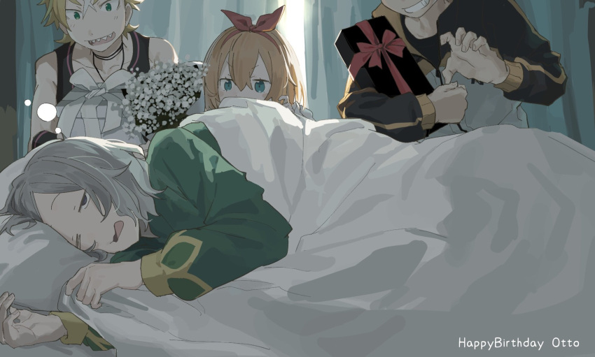 1girl, 3boys, 8_humi, birthday, blanket, blonde_hair, blue_eyes, bouquet