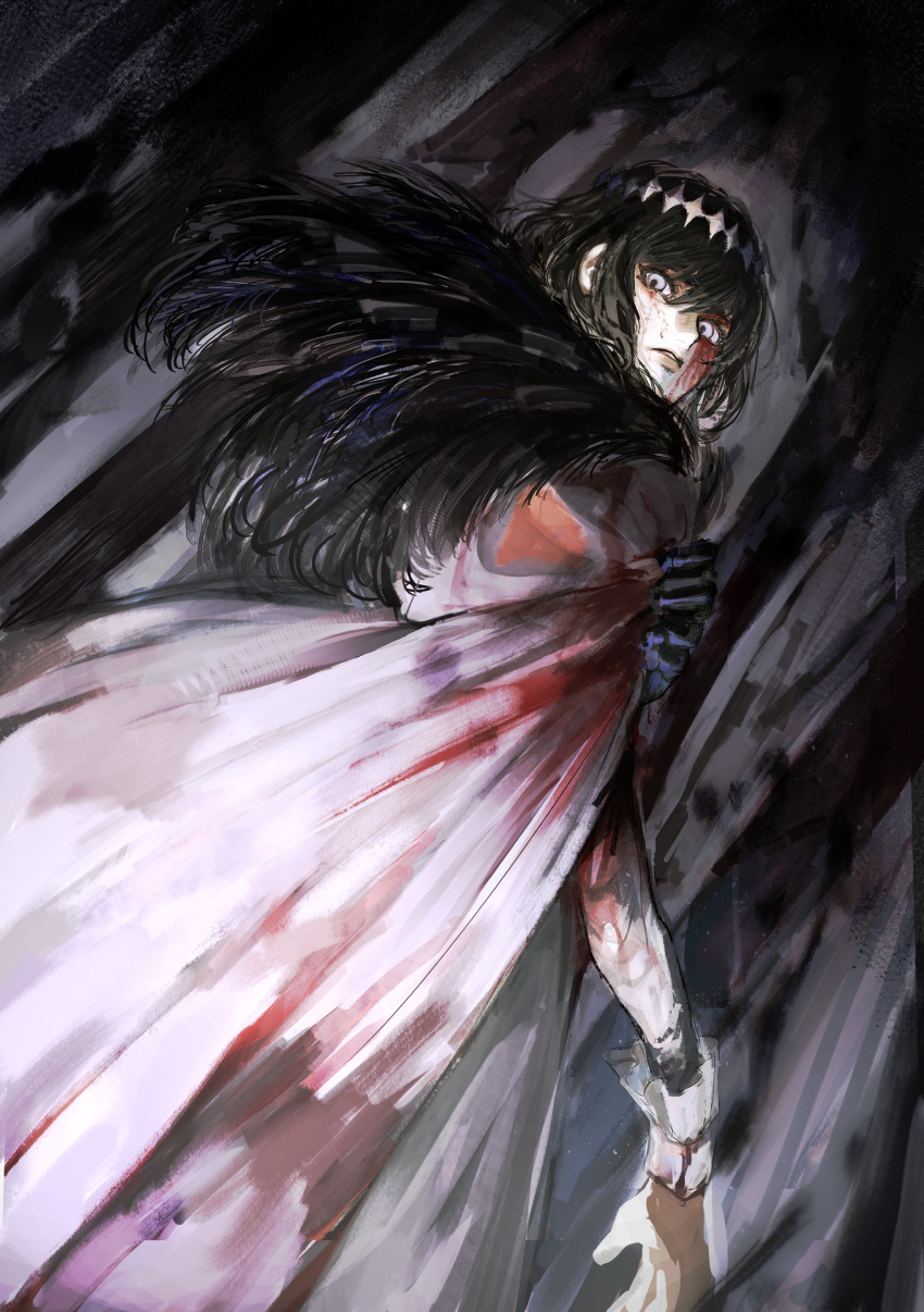 1boy, absurdres, black_hair, blood, blood_on_clothes, blood_on_face, blue_eyes, cloak