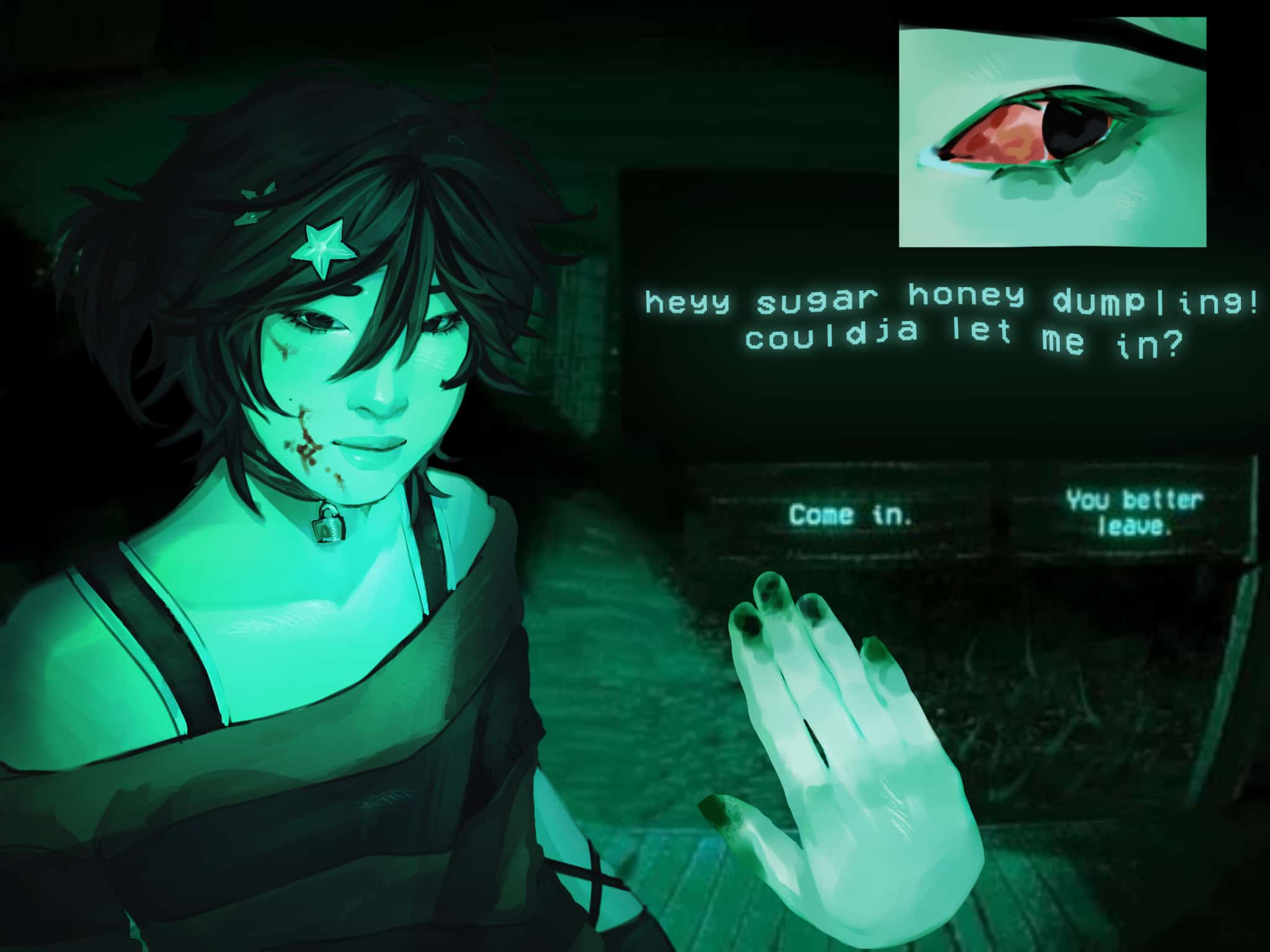 1other, ambiguous_gender, blood, blood_on_face, bloodshot_eyes, commentary, dark, dialogue_options, dirty_hands, english_commentary, finleyyxd, green_theme, hair_ornament, highres, jewelry, killer_chat!, looking_at_viewer, misaki_(killer_chat), necklace, night, no_i'm_not_a_human, off-shoulder_sweater, off_shoulder, one_side_up, parody, smile, solo, spot_color, star_(symbol), star_hair_ornament, sweater, undershirt