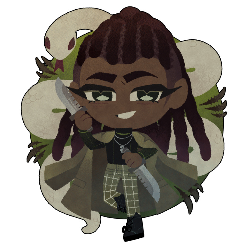 1boy, bad_link, black_shirt, chibi, chibi_only, coat, coat_on_shoulders, dagger, dark-skinned_male, dark_skin, dreadlocks, dual_wielding, full_body, green_eyes, grin, highres, holding, holding_dagger, holding_knife, holding_weapon, jewelry, killer_chat!, knife, looking_at_viewer, macchiholic, male_focus, necklace, pants, shirt, smile, snake, solo, standing, standing_on_one_leg, striped_clothes, striped_pants, trench_coat, turtleneck, v_(killer_chat), weapon