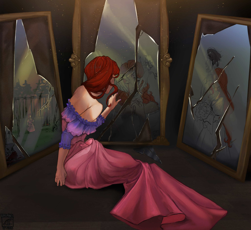 1girl, absurdres, bananeneisss, broken_glass, commentary, different_reflection, dress, english_commentary