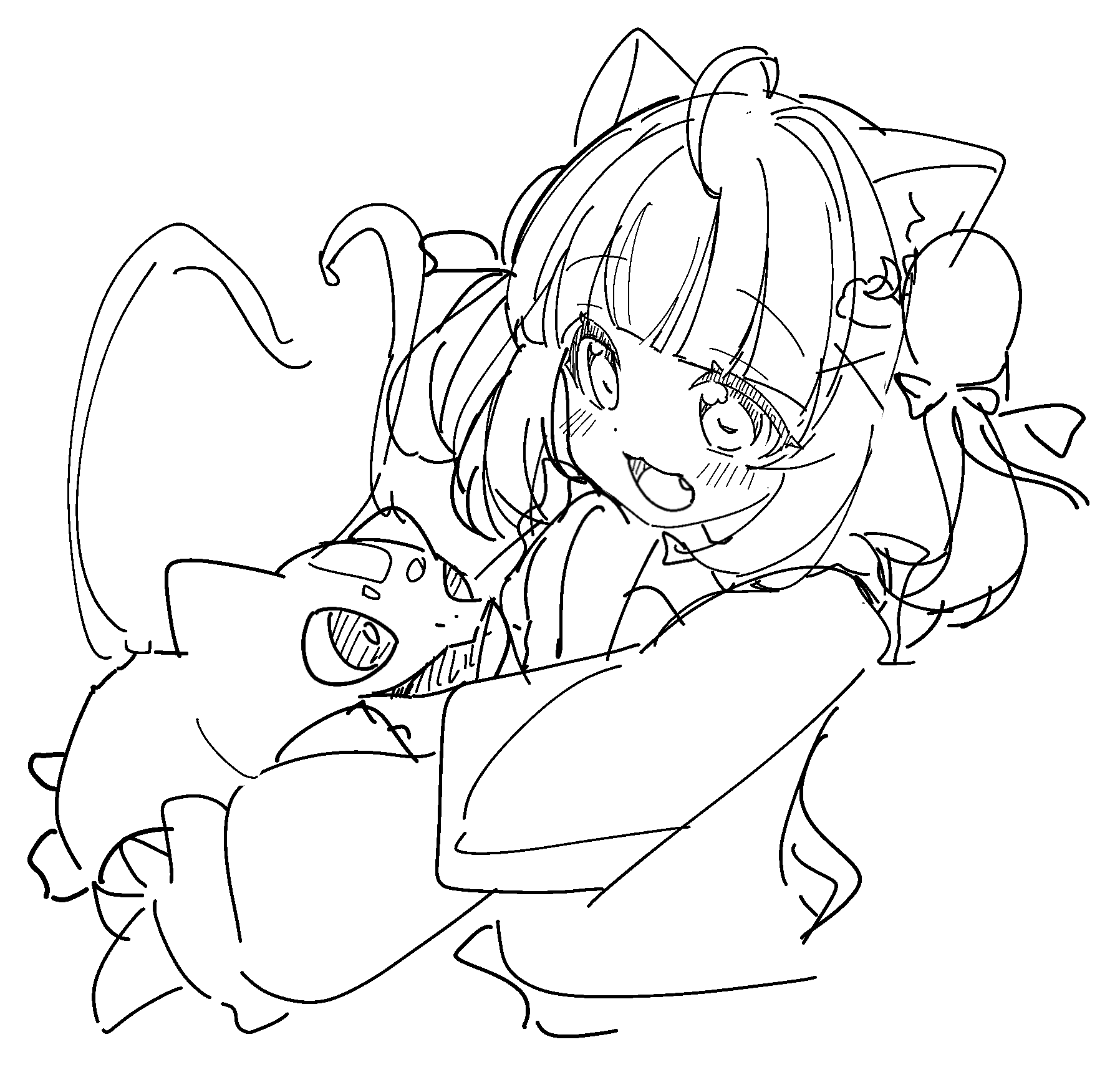 1girl, :d, animal_ear_fluff, animal_ears, blush, bulbasaur, commentary, cropped_torso, fang, greyscale, gyaru_bulbasaur, hair_ornament, highres, iyokan_momiji, long_sleeves, monochrome, pokemon, pokemon_pokopia, puffy_long_sleeves, puffy_sleeves, simple_background, sleeves_past_wrists, smile, unfinished, upper_body, white_background, x_hair_ornament
