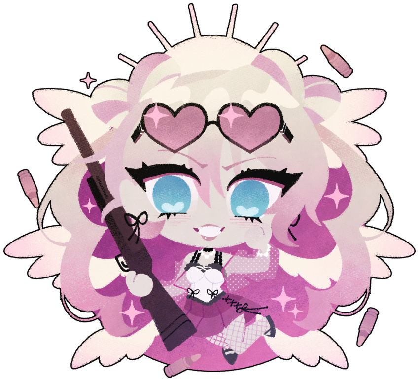 1girl, :d, angel_(killer_chat), angel_wings, blue_eyes, chibi, chibi_only, dress, eyewear_on_head, feathered_wings, fishnet_thighhighs, fishnets, floating, grin, gun, hand_on_own_face, heart, heart-shaped_eyewear, heart-shaped_pupils, holding, holding_gun, holding_weapon, jewelry, killer_chat!, low_wings, macchiholic, multiple_wings, necklace, pink_lips, shotgun, smile, solo, symbol-shaped_pupils, thigh-highs, twintails, weapon, wings