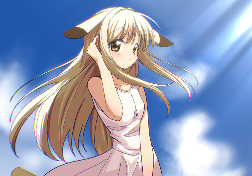 1girl, arm_up, bare_arms, bare_shoulders, blue_sky, blush, brown_eyes, brown_hair