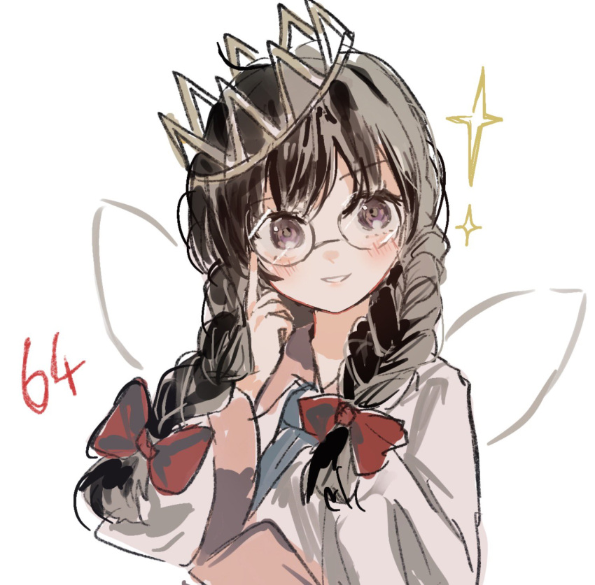 1girl, adjusting_eyewear, black_hair, blush, bow, braid, crown, fairy