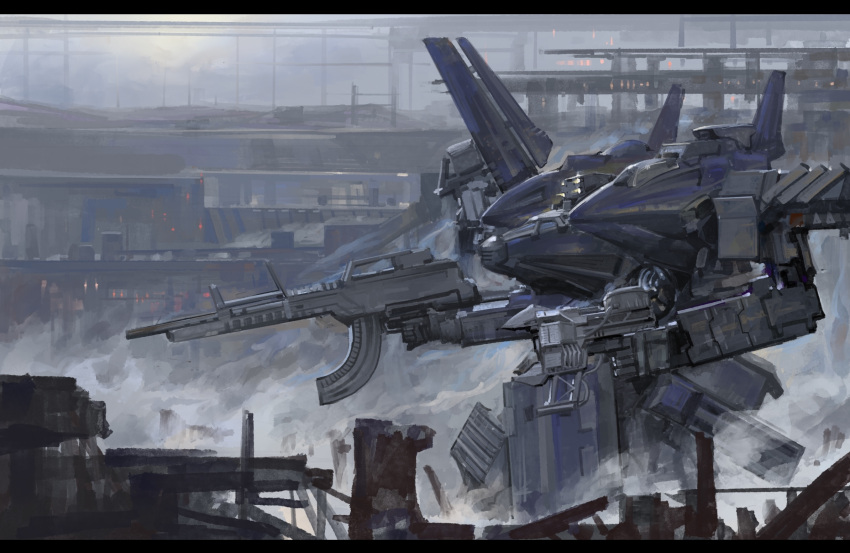 armored_core, armored_core:_verdict_day, assault_rifle, commentary, commission, cotact147, dual_wielding, from_side, glowing, glowing_eyes, gun, highres, holding, holding_gun, holding_weapon, letterboxed, looking_ahead, mecha, mecha_focus, no_humans, pixiv_commission, rifle, robot, science_fiction, submachine_gun, untranslatable_commentary, weapon