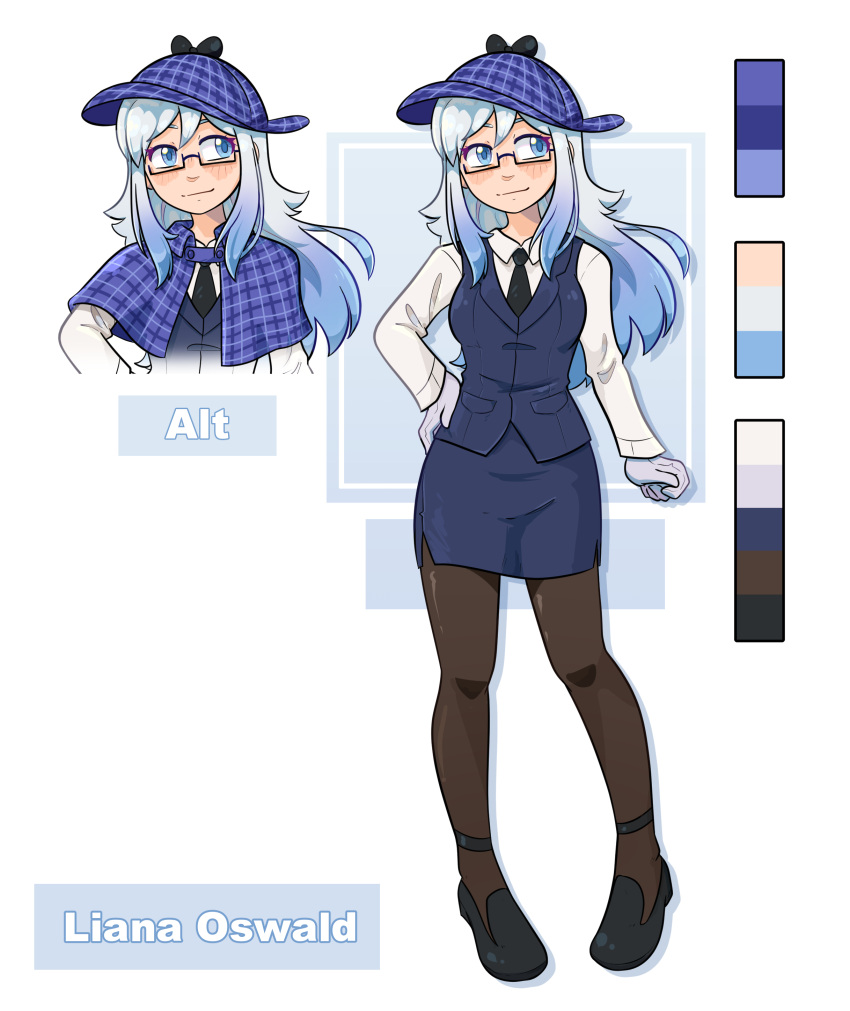 1girl, absurdres, blue_eyes, blue_jacket, bluecoat_agency, breasts, collared_shirt, commentary, detective, english_commentary, highres, jacket, liana_oswald, long_hair, long_sleeves, multicolored_hair, mystilux, original, pantyhose, shirt, skirt, smile, white_hair, white_shirt