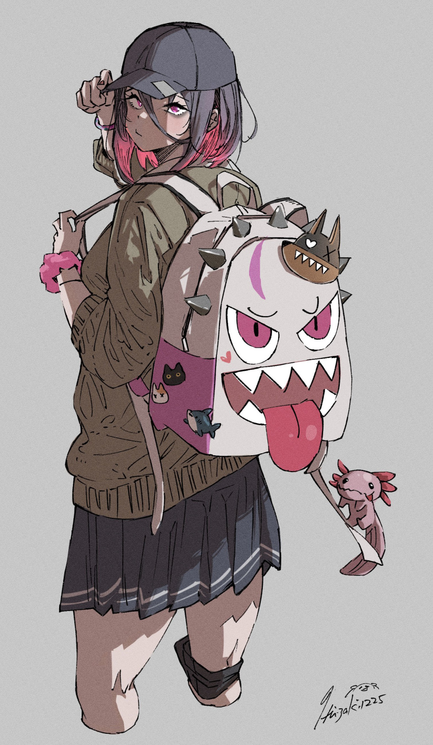 1girl, absurdres, alternate_costume, backpack, bag, baseball_cap, black_hair, black_hat