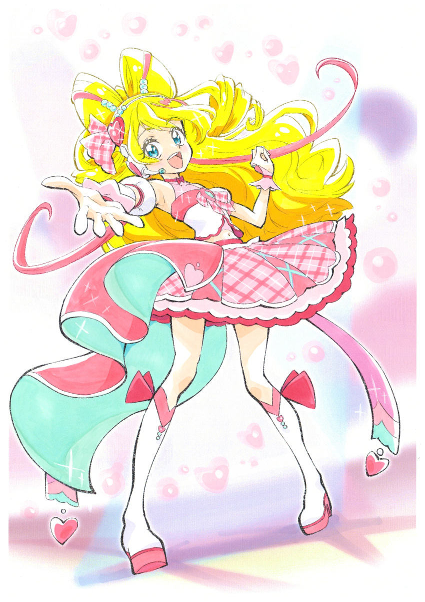 1girl, absurdres, blonde_hair, blue_eyes, boots, brooch, cure_idol, detached_sleeves