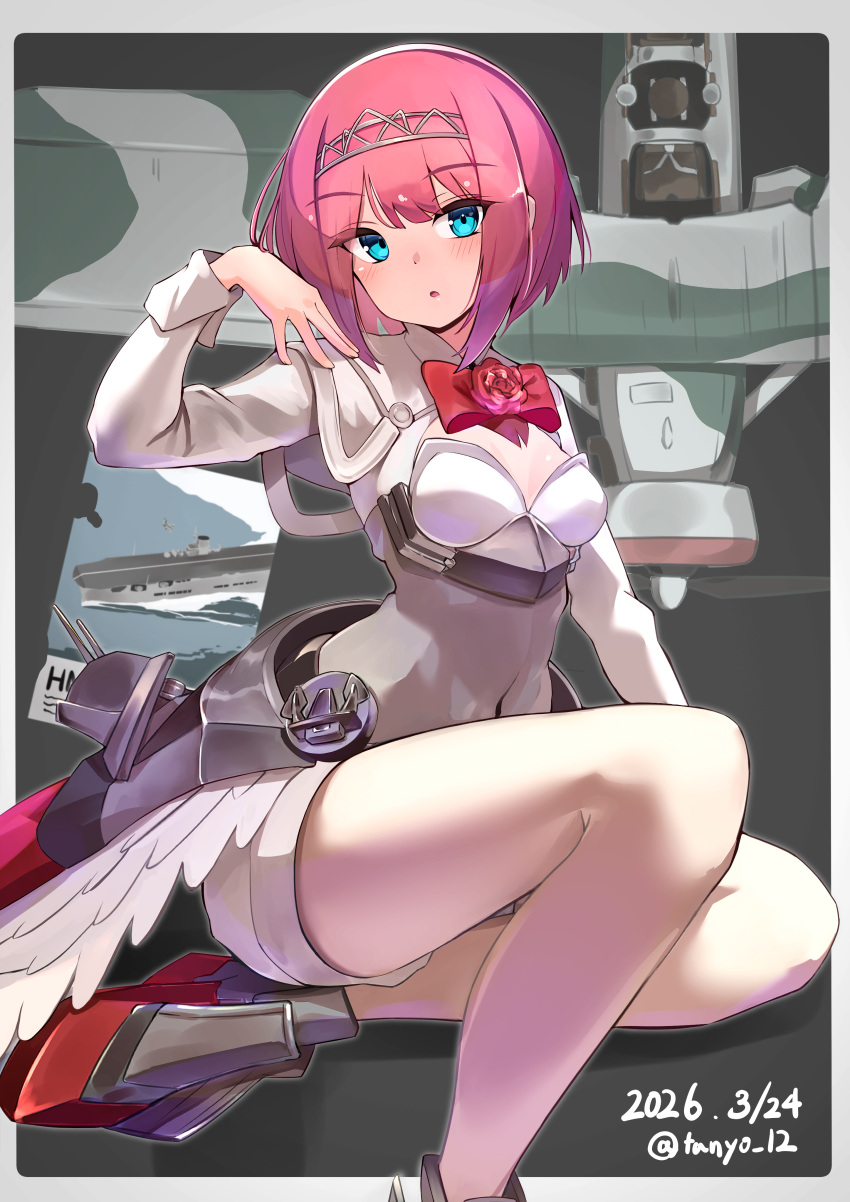 1girl, absurdres, aircraft, airplane, ark_royal_(kancolle), biplane, blue_eyes, blunt_bangs