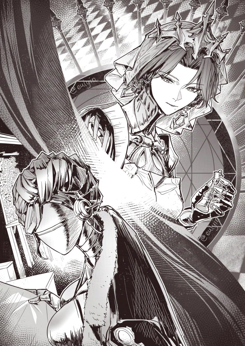1girl, android, chess_piece, coat, coat_on_shoulders, commentary, english_commentary, eulyin_huan