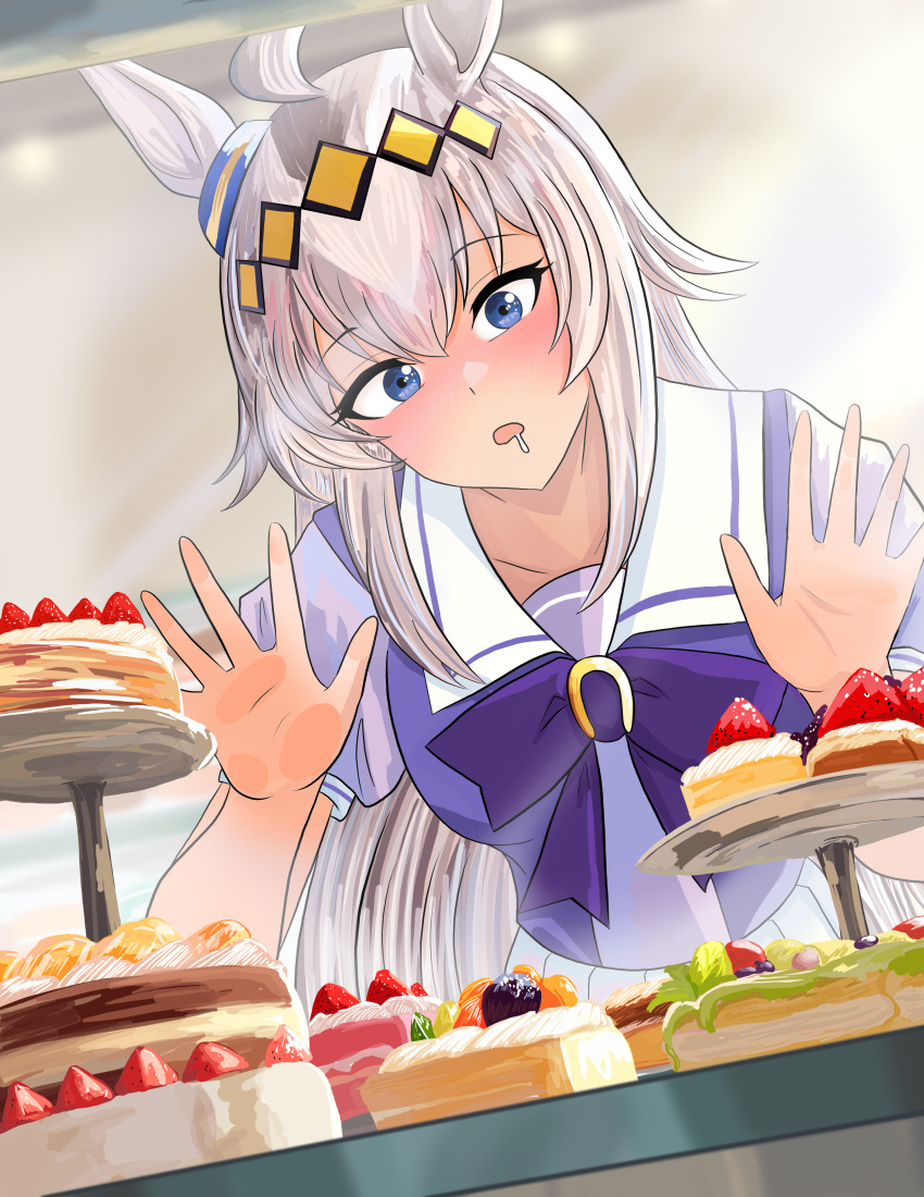 1girl, absurdres, against_glass, ahoge, animal_ears, blue_eyes, blush, bow